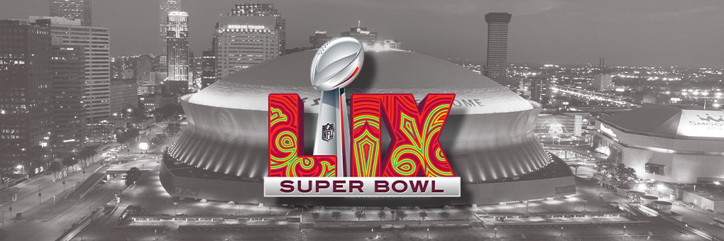 Super Bowl LIX 59 logo in front of Caesars Superdome in New Orleans